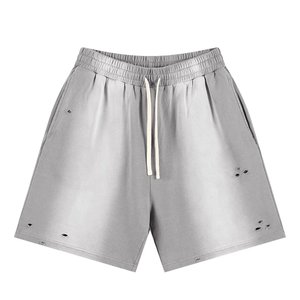 New Arrivals Custom Logo Mens Distressed Sweat Shorts Oversized Casual Streetwear Drawstring Cotton Gym Lounge Shorts <b>Light</b> Gray - Product Image 1