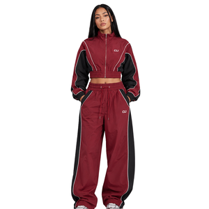 Two Piece Women's <b>Cropped</b> Windbreaker Jacket & High Waist <b>Jogger</b> Pants Wholesale Custom Logo Sublimation Waterproof Tracksuit - Product Image 1