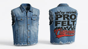 Nouveau design vintage, t-shirt en jean sans manches à col rabattu, délavé, clouté, brodé, style streetwear décontracté pour homme - Product Image 2