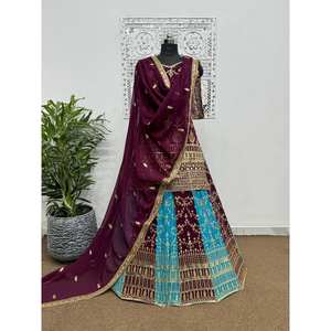 Ensemble haut et dupatta Plazzo de marque HK pour femmes, taille M, couleur violette, avec broderie et sequins - Product Image 3