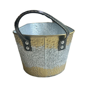Two Tone Finish Hammered Theme Gold & Silver Oval Beverage Tub With Black Leather Handles Modern <b>Champagne</b> For Wedding & Party - Product Image 5