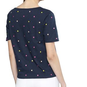 Camiseta a rayas con cuello redondo para mujer, manga corta, rayas horizontales informales teñidas con hilo, cuello redondo con apliques en diferentes colores - Product Image 5