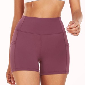 Shorts de sport pour femmes à taille haute, couleur unie, avec poches, respirants, en tricot, en spandex et polyester, coupe régulière - Product Image 4