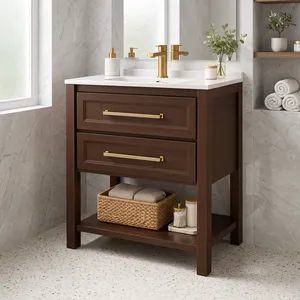 Dark Wood <b>Bathroom</b> Vanity <b>Cabinet</b> <b>With</b> Drawers And Open Shelf Floor Standing Rectangular OEM ODM <b>Bathroom</b> Vanity Manufacturer - Product Image 3