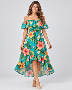 Off The Shoulder Floral Print Chiffon Dress With Ruffles Tea-Length A-Line Casual Vacation Style For Adults wholesale - Product Image 1