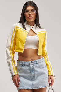 Splendid Apparel Veste de motard color block pour femme en cuir PU blanc et jaune, manches longues, col montant, fermeture éclair, respirante - Product Image 2