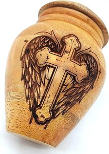 Urna de madera con forma clásica, grabada a mano, recipiente de madera artesanal, recuerdo religioso decorativo - Product Image 3
