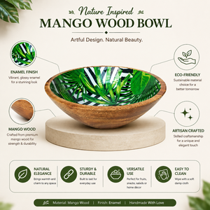 Tazón para Ensalada de Madera de Mango con Estampado de Hojas Verdes Tropicales, Hecho a Mano, Apto para Alimentos, Tazón de Madera para Servir, Tazón para Frutas, Pasta y Comida - Product Image 5