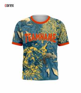 T-shirt de sport pour homme Corex, imprimé par sublimation, manches courtes, col rond, séchage rapide, coupe classique, motif bleu et jaune - Product Image 1