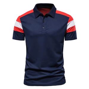 Polo à manches courtes bleu marine pour homme avec épaules contrastées rouge et blanc, design tricoté décontracté, coupe classique - Product Image 5