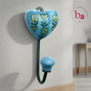 Ba Ceramic Heart Wall <b>Hook</b> Handmade Rustic Blue Floral Design Single <b>Hook</b> Coat Hanger Multifunction Self-adhesive - Product Image 3