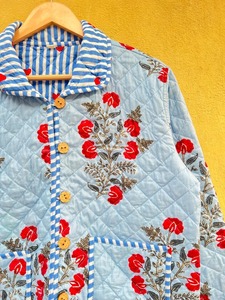 Veste matelassée réversible bleu clair à motifs floraux avec bordure rayée, col rabattu, manches longues, en coton, pour femme, manteau de printemps - Product Image 6