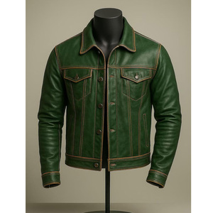 Biker <b>Jacket</b> Artisanal Forest Green Leather Biker <b>Trucker</b> <b>Jacket</b> Hand-Dyed Genuine Sheepskin Vintage Earth-Tone Leather <b>Jacket</b> - Product Image 5