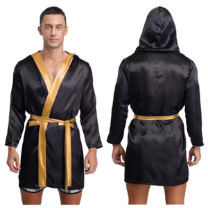 HAWK SPORTS INDUSTRIES Robe de boxe à capuche en satin noir avec ceinture bleue, durable, confortable, en polyester, pour entraînement MMA et Muay Thai - Product Image 5