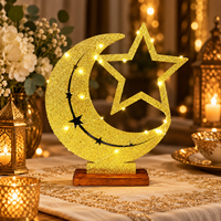 Lampe de table en forme de croissant de lune et d'étoile avec paillettes dorées pour l'Aïd du Ramadan, avec LED blanc chaud sur base en bois pour la décoration de la maison