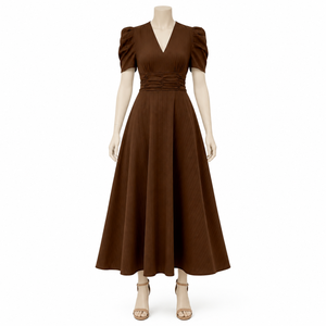 Vestido maxi marrón con cuello en V y mangas abullonadas para mujer |   Falda de Cintura Natural con Dobladillo Acampanado, Mezcla de Poliéster Ecológica, Estilo Casual, Vintage, para Fiesta - Product Image 1