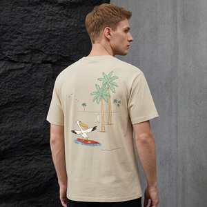 เสื้อยืดแขนสั้นสีเบจสำหรับผู้ชาย พิมพ์ลายการ์ตูนนก คอกลม ทรงปกติ ผ้าฝ้ายเจอร์ซีย์ ระบายอากาศได้ดี สวมใส่สบาย - Product Image 5