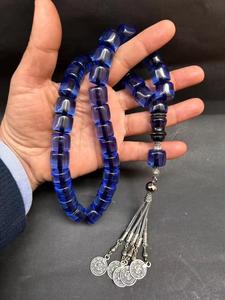 Rosario de oración islámico de Ramadán, hecho a mano, de lujo, con cuentas de resina azul, patrón geométrico, forma rectangular, pulido, con borla. - Product Image 3