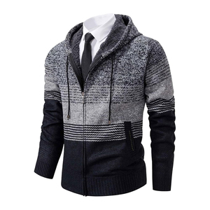 Men's Hooded Zipper Cardigan Striped Wool Acrylic Knit <b>Sweater</b> Full Sleeve Winter Wear - Product Image 1