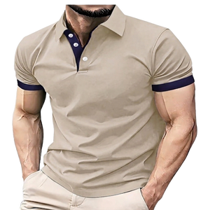 Polo à manches courtes beige pour homme avec bordure marine, boutons, en coton tricoté respirant, design uni, coupe classique - Product Image 1