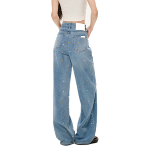 Wholesale Blue Denim for Women Cotton High Quality Washed Vintage Baggy Embroidered <b>Pants</b> Women's Jeans - Product Image 2