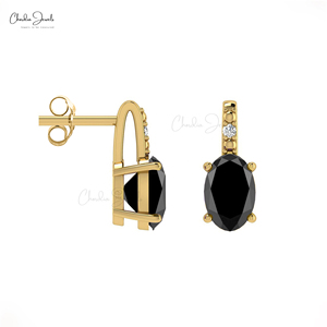 Boucles d'oreilles en diamant noir naturel, or massif 14 carats, taille ovale 6x4mm, pierres précieuses, diamant blanc G-H, boucles d'oreilles à clous avec fermoir poussoir - Product Image 2