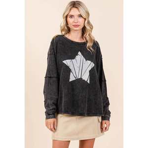 Mittoshop Top de manga larga para mujer con gráfico de estrella Mineral Wash Sudadera con capucha y sudadera - Product Image 4