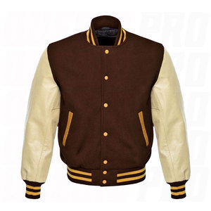 Custom Brown Wool Varsity <b>Jacket</b> with Beige <b>Leather</b> Sleeves Yellow Striped Letterman Baseball Bomber <b>Jacket</b> for <b>Men</b> Wholesale - Product Image 1