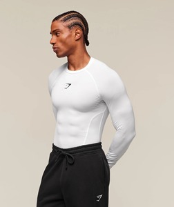 Men Long Sleeve <b>Compression</b> <b>Shirt</b> <b>White</b> Slim Fit Quick Dry Sporty O-Neck Knitted Performance Top - Product Image 3