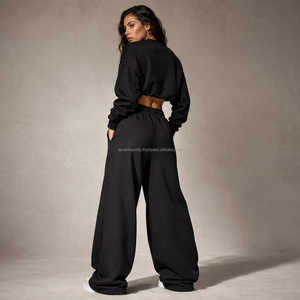 Pantalon de survêtement noir pour femme, taille haute, coupe large, en molleton, couleur unie, avec cordon de serrage, décontracté, ample, longueur intégrale, pour l'automne - Product Image 2