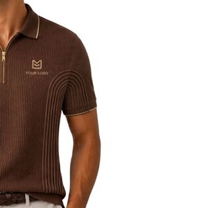 Polo de Punto Personalizado para Hombre en Color Marrón con Cierre Dorado, Manga Corta, Tejido Texturizado de Lujo, Logotipo Personalizado, Diseño de Golf, OEM - Product Image 4