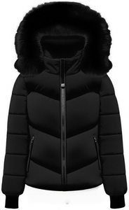Unisex Black Hooded <b>Fleece</b> Printed Nonwoven Puffer <b>Jacket</b> Windproof Zipper Closure Casual Winter Wear Polyester <b>Lining</b> Front - Product Image 6