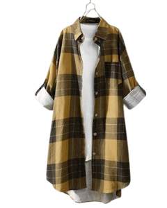 Vestido Camisero Largo a Cuadros Marrón Mostaza Personalizado para Mujer, Estilo Túnica Casual con Botones, Holgado y Suave de Algodón y Lino - Product Image 1