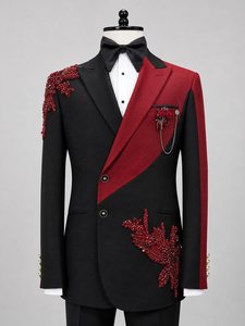 Blazer de smoking noir et bordeaux pour homme avec broderie florale perlée à la main – Veste de costume de luxe pour mariage et soirée - Product Image 1