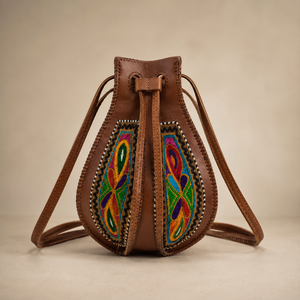 Handmade Lightweight Durable Genuine Leather Embroidered Polyester Bucket <b>Bag</b> Tribal Beaded Buckle Shoulder <b>Bag</b> Boho Crossbody - Product Image 1