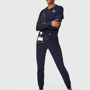 Ensemble de blouses médicales pour femmes, bleu marine, avec poches et porte-stéthoscope, pour usage hospitalier, en mélange de coton tricoté, manches longues. - Product Image 1