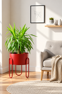 Pot de fleurs moderne en métal rouge avec support en fer sculpté, élégant porte-plantes d'intérieur pour salon, chambre, bureau, balcon - Product Image 4