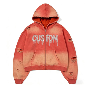 Prix d'usine 2026 – Sweat à capuche zippé pour homme, effet vieilli, délavé à l'acide, avec lettres en strass, style Hip Hop Streetwear, OEM ODM - Product Image 5