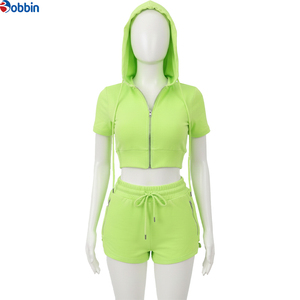 Conjunto Deportivo de Top Corto con Capucha y Pantalones Cortos para Mujer, Color Verde Lima, de Manga Corta con Cierre, para Primavera/Verano, Superventas - Product Image 1