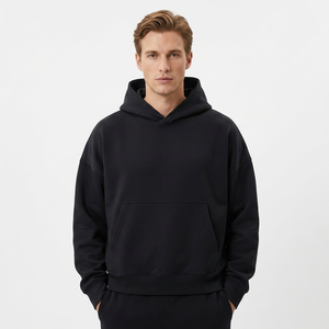 Sudadera con Capucha Extra Grande para Hombre, Color Negro Sólido, Estilo Casual con Bolsillo Frontal, para Otoño - Product Image 3