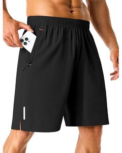 Shorts de basket-ball noirs pour hommes, 100% coton, toile unie, séchage rapide, taille à cordon de serrage, style sportif, longueur bermuda, bande latérale - Product Image 5