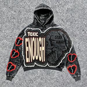 Sudadera con Capucha Estampada Toxic Enough para Hombre, Estilo Urbano Oversize, Patrón de Corazones Negros, Otoño, Felpa Francesa - Product Image 1