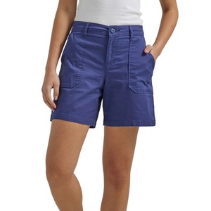 Shorts cargo taille haute pour femme en toile de coton bleu uni, coupe décontractée avec poches, fermeture boutonnée, style classique, ODM - Product Image 1