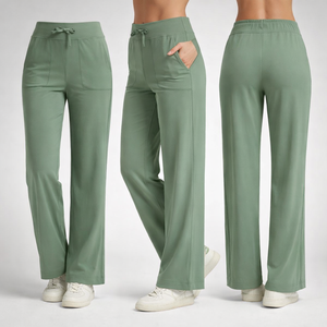 Pantalon d'été décontracté taille élastique respirant coupe évasée grande taille pour femme, teinture unie, vente en gros - Product Image 3