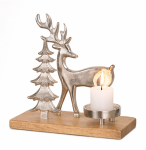 Handmade Silver Metal Reindeer And Tree Candle Holder With Natural Mango Wood Base Premium Christmas Tealight <b>Stand</b> For Home - Product Image 1