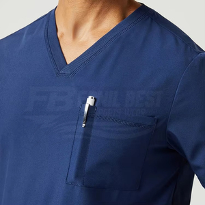 Conjunto de uniforme médico para hombre, color azul marino, con cuello en V, bolsillo y presilla para estetoscopio, para uso hospitalario, de algodón y poliéster tejido. - Product Image 5