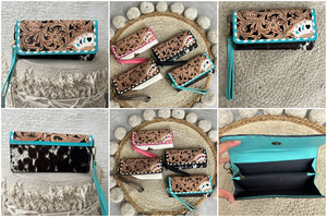 New Handmade Western Hand <b>Tooled</b> <b>Leather</b> Floral & Playing Card Pattern Wallet Cowhide Genuine <b>Leather</b> Wristlet Clutch for Women - Product Image 2