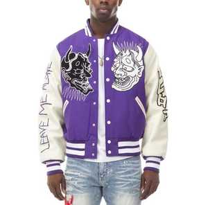 <b>Men's</b> <b>Purple</b> Varsity Jacket Embroidered Faces Streetwear Turn-down Collar Regular Fit Autumn Wear - Product Image 1
