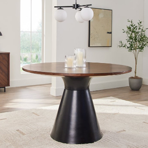 Mesa de comedor redonda con estructura metálica y tablero de madera, base cónica negra, para uso doméstico y en restaurantes, mesa de comedor para 4 personas - Product Image 4