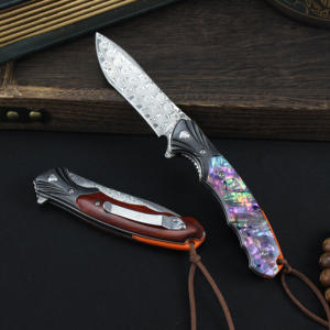 Couteau de poche pliant en acier Damas de qualité industrielle, personnalisable OEM, pour le camping et la chasse, avec étui en cuir et lame droite - Product Image 2